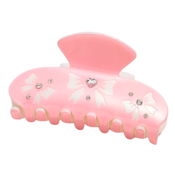 Round Bow Heart Rhinestone Claw Clip